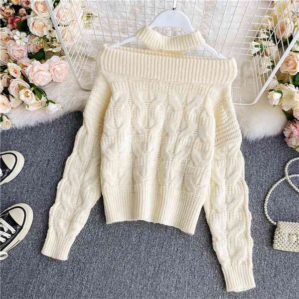 

autumn winter halter slash neck strapless long-sleeved short twist sweater women japan knit pullovers female gx1070 210507, White;black