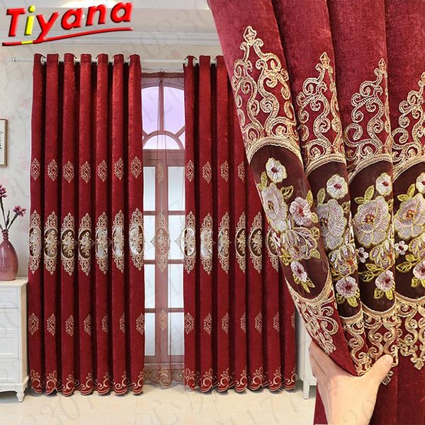 

luxury red chenille embroidery curtains for living room semi-blackout window drapes bedroom nordic tulle#vt curtain &