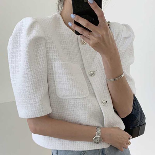 

women's jackets summer vintage small fragrance short jacket women single-breasted o-neck puff sleeve coat, Black;brown