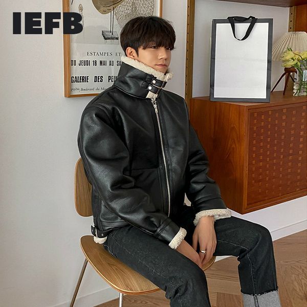 IEFB pele de cordeiro masculina se pele PU jaqueta de couro patchwork outono inverno pele de pelúcia tendência casaco curto com zíper para homem 9Y4777 210524