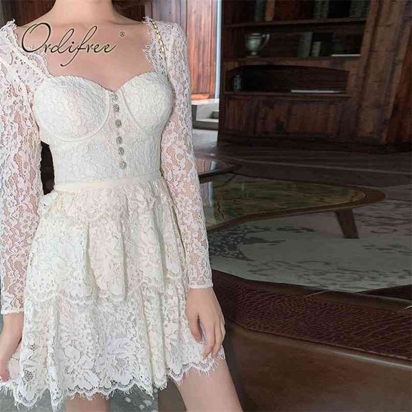 

elegant women mini party dress long sleeve white lace vintage ruffle princess 210513, Black;gray