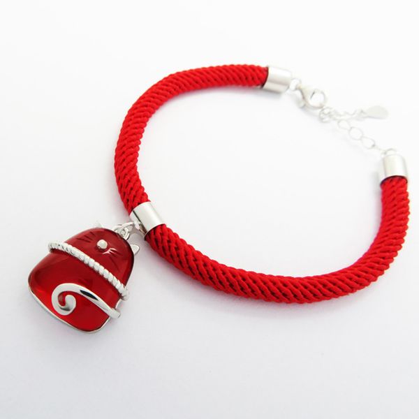 

real 925 silver 13.5+3.8cm lucky bracelet, big red crystal/cord, pack with gift box, cat design jewelry gift for daughter, Golden;silver