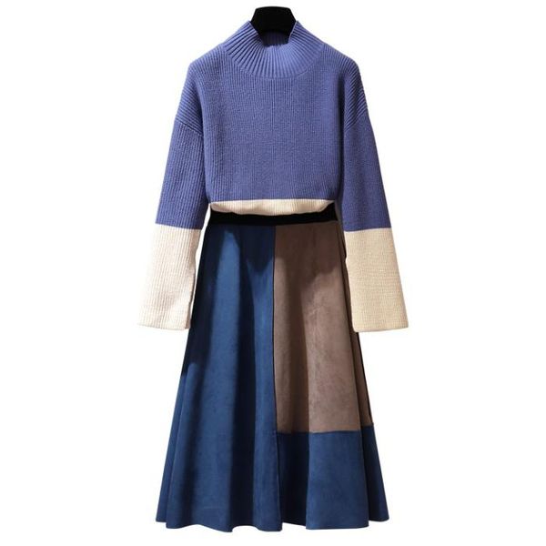 

two piece dress autumn wind leisure suits women pullover sweater patchwork skirt big yards two-piece brim deer velvet clothing set, White