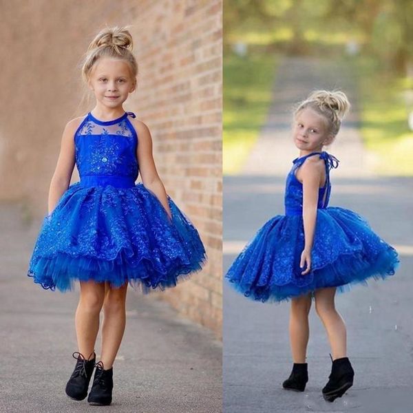 

lovely little flower girls dresses lace tulle short wedding party gowns jewel neck sleeveless pageant princess dress, White;blue