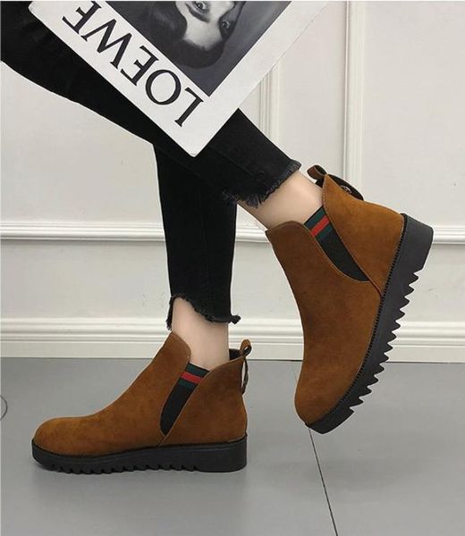 

boots 2021 women winter warm wedges slope heel footwear woman plush joker short platform slip on ankle, Black