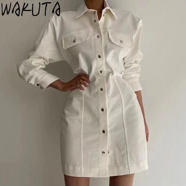 

casual dresses wakuta women white black simple slim puff sleeve dress women's cargo harajuku fashion buttons 2021 chic ladies, Black;gray
