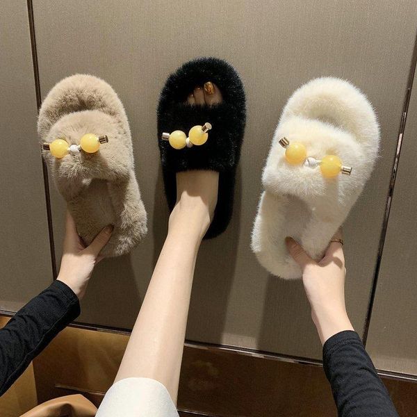 

slippers female shoes beige heeled sandals home women's fur flip flops 2021 black massage flat plush pu rome solid rubber fabric