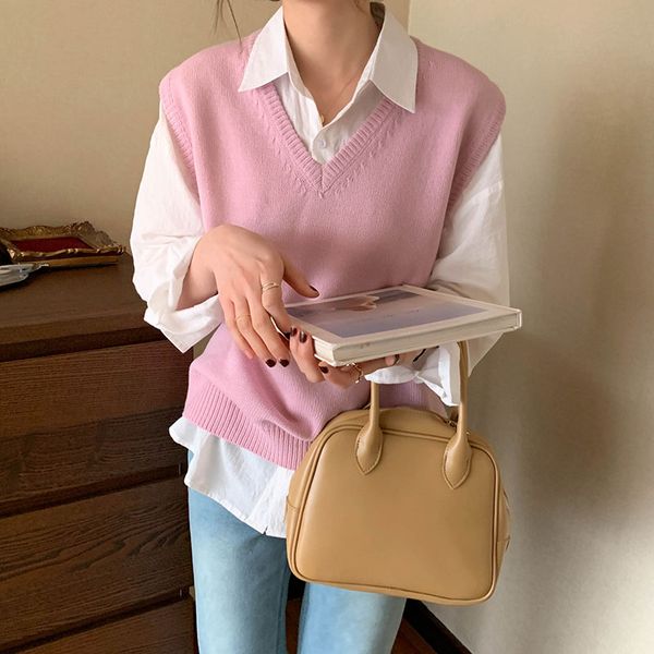 

8candy colors korean style v/u neck knitted sleeveless vest sweaters womens pullovers womens spring and autumn 2021 (x1780), White;black