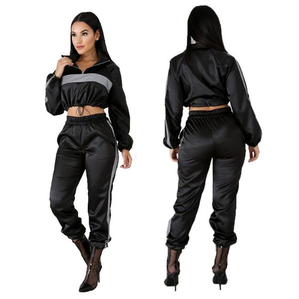 

women short crop sports suit turndown collar reflective long sleeve fitness sportswear set female 035 gym clothing, White;black