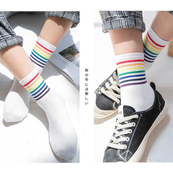 

rainbow striped cotton socks women's middle tube and sell well, Black