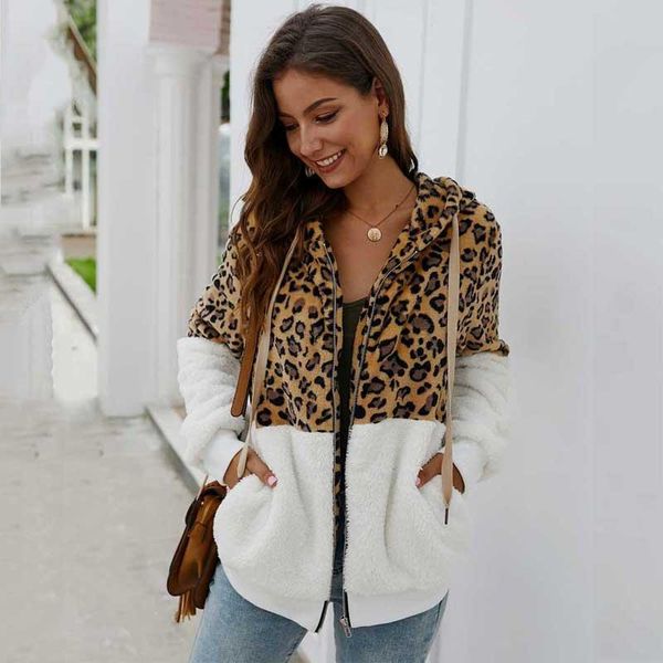 

women's fur & faux nice autumn leopard coat women teddy female print plush jacket long sleeve fluffy winter, Black