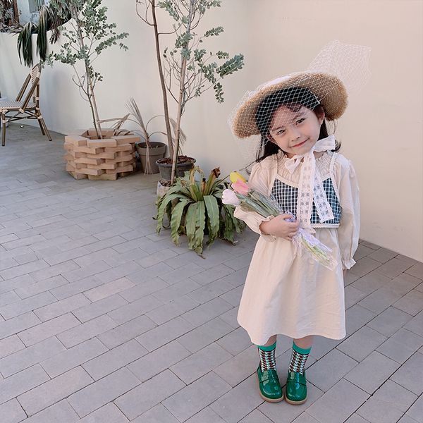 

2021 spring autumn girls lattice harness dress childrens two-piece vest dress kids fashion vest dress suit 2-8 year, Red;yellow