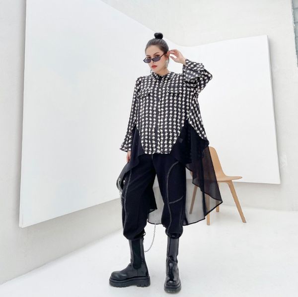 

plaid patchwork draped casual shirt women fashion style turn down collar long flare sleeve elegant asymmetrical zy3809 women's blouses, White