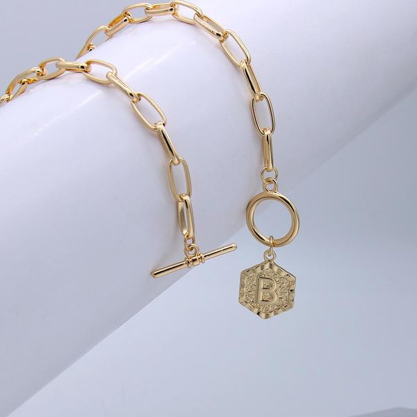 

chokers srcoi 42cm hexagonal medal 26 letter name choker necklace for women geometric toggle clasp chain female initial jewelry, Golden;silver