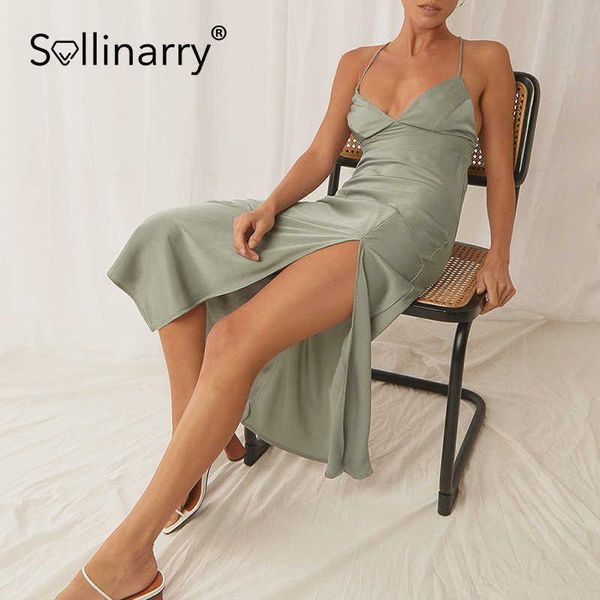 Sollinarry elegante senhora festa em v-pescoço smoking slim estilo chique mulheres espaguete split vestido longo verão vestidos sólidos sexy vintage 210709