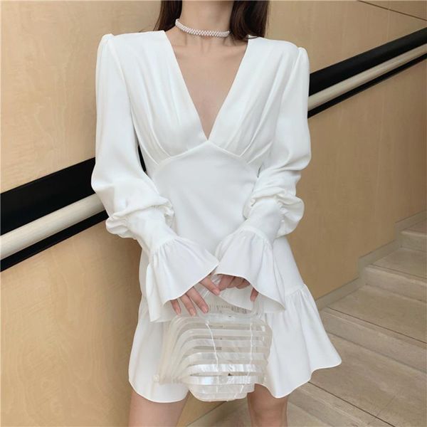 

casual dresses woman evening dress french deep v neck ruffles above knee length zipper elegant party white female plus size, Black;gray