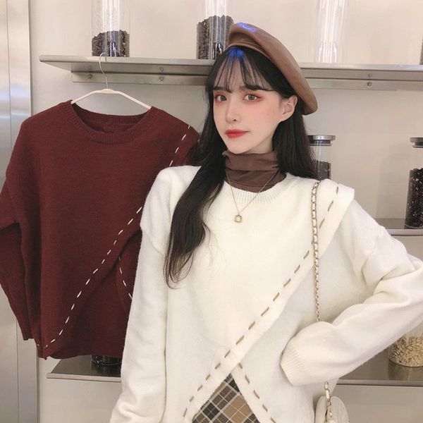 

women's sweaters korean asymmetric cross for women autumn winter casual loose o-neck solid long sleeve pullover female fashion brand, White;black