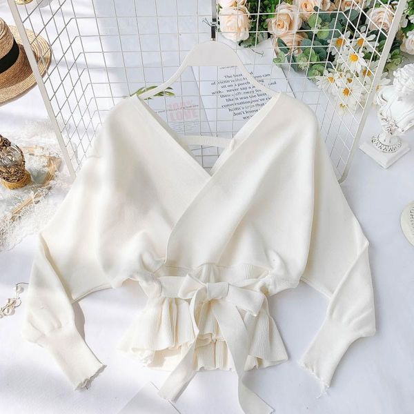 

women's sweaters elegant v neck knit sweater 2021 autumn batwing sleeve jumper backless sashes woman ruffle fashion pullover clothing, White;black