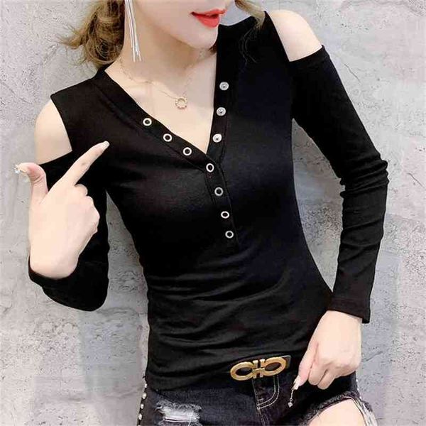 

autumn t-shirt women black v-neck off-shoulder buttons slim stretchy cotton shirt bottoming long sleeve t98694 210421, Black;gray