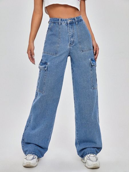 

high waist flap pocket wide leg jeans o4di#, Blue