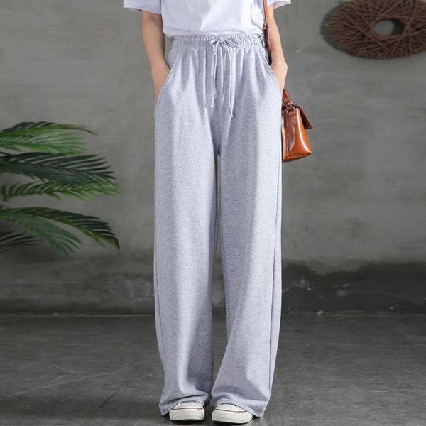 

johnature autumn full length elastic waist drawstring wide leg pants loose leisure cotton all-match women 4 color pants 210521, Black;white