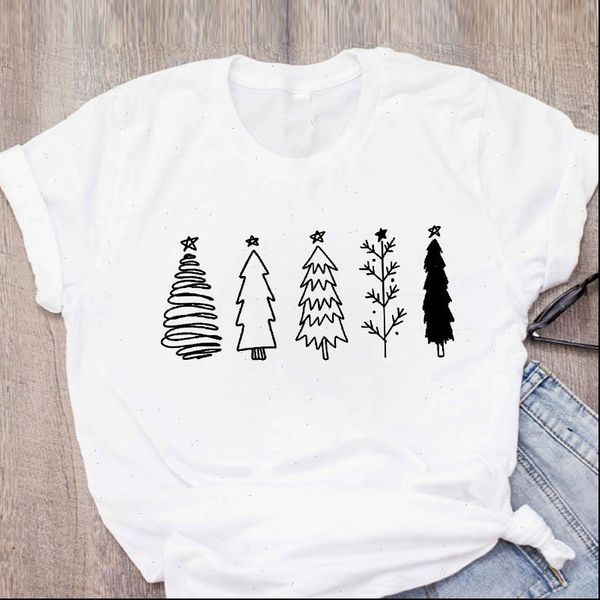 

womens t shirt women graphic tree happy time geometric holiday year merry christmas clothing female printed lady tees, White