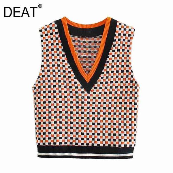 

[deat] women sleeveless vintage v-neck jacquard knitting elasticity loose casual sweater vest spring autumn 13c347 210527, Black;white