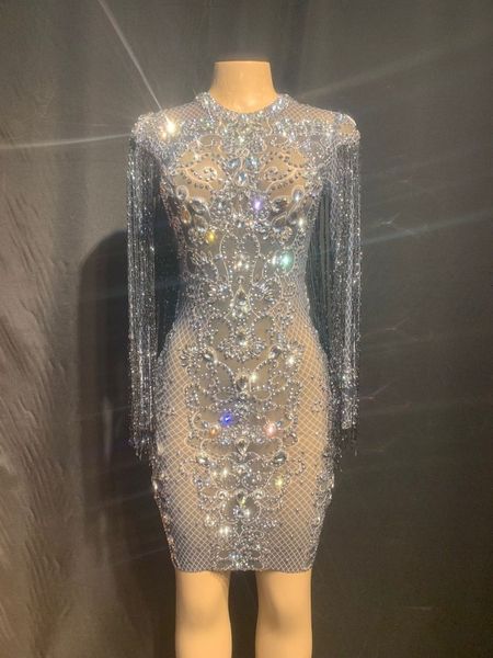 

dress new silver rhinestones black fringes see through birthday celebrate dress prom outfit bar women dance dresses transparent, Black;gray