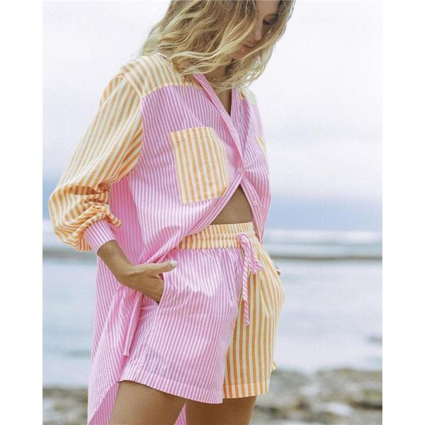 

women's tracksuits wsevypo women colorblock striped shorts sets casual vacation two pieces long sleeves loose shirt+elastic waist stree, Gray