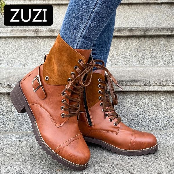 

boots zuzi plus size short women 2021 summer style artificial leather shoes stitching thick lace-up side zipper martn, Black