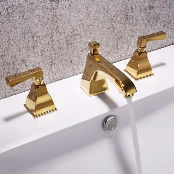 

bathroom double-handle three-hole split basin faucet and cold all copper washbasin three-piece golden sink faucets