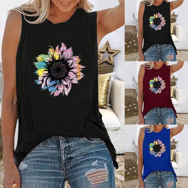 

casual streetwear women letters sunflower elephant printing sleeveless o-neck vest tank shirt tunic cool comfortable women's tanks & c, White