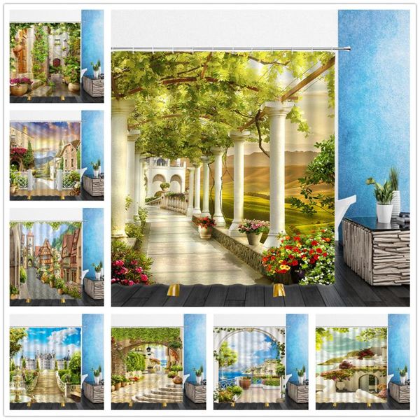 

natural scenery shower curtains european building mediterranean landscape flower plant house street bathroom decor cloth curtain