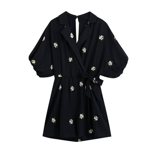 

women's jumpsuits & rompers women chic floral embroidery playsuits vintage cross v neck puff sleeves female short club loose blouse 202, Black;white