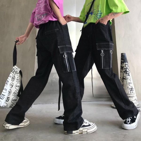 

autumn korea vingate harajuku street goods jeans loose high waist straight pants chic leisure mopping hip hop women trousers women's, Blue