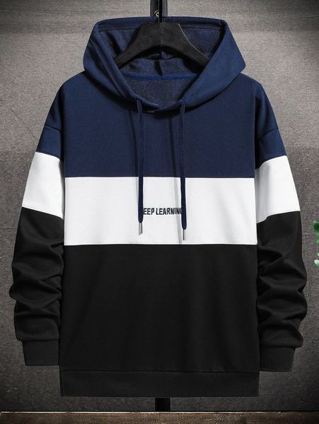 

men color-block letter embroidery drawstring hoodie c2ns#, Black