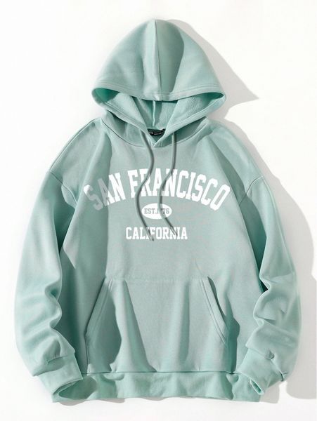 

plus letter graphic kangaroo pocket drawstring thermal hoodie f7y5#, Black