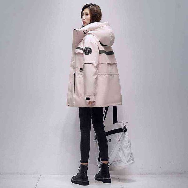 

down jacket middle and long hooded work clothes waist closing 2021 winter new slim fit solid color sports coat women's fashion, Black