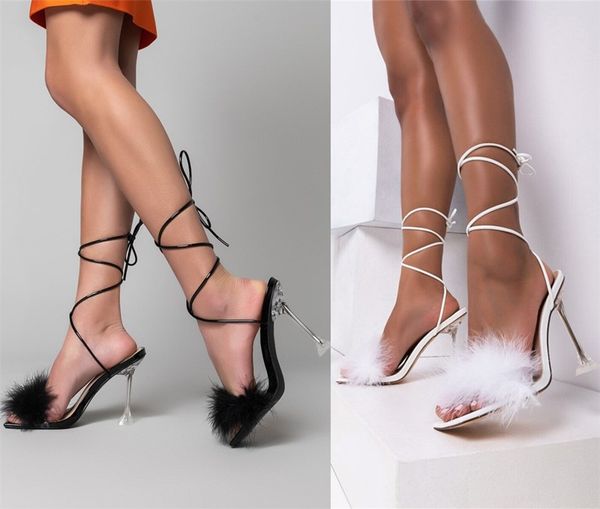 

women plus size sandals summer shoes club square toes bandage fur fuzzy lace-up stiletto heels high heel solid color cross-tied fashion new, Black