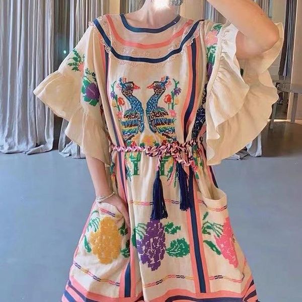 

exquisite embroidery printed linen dress casual dresses, Black;gray