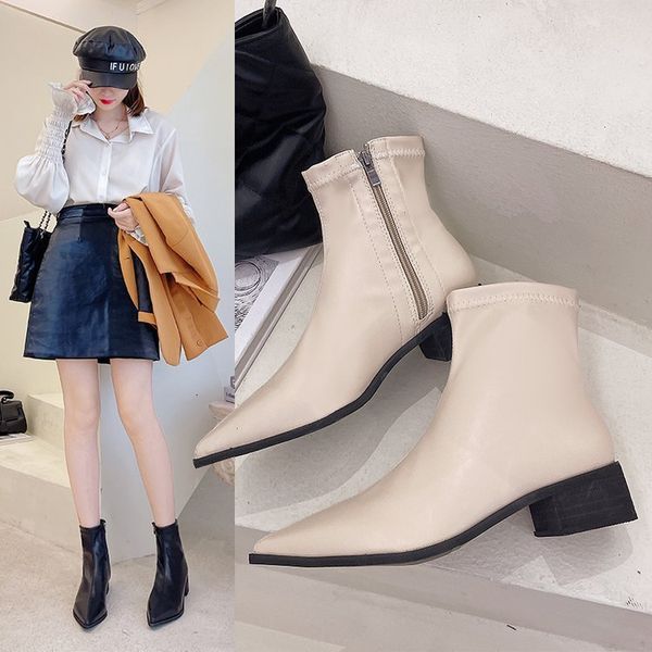 

thick short women's 2021 thin autumn and winter korean pointed middle heel fashion martin boots, Black