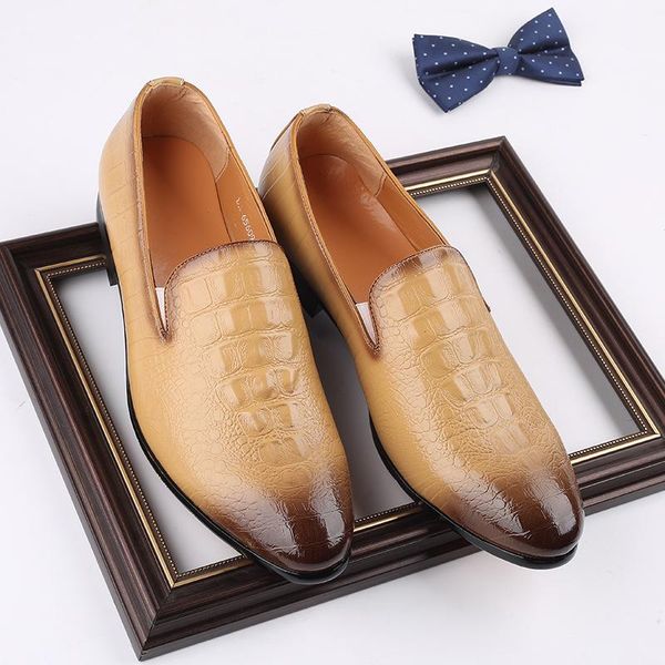

yomior business casual men shoes crocodile designer formal dress leather spring loafers wedding office oxfords pointed toe, Black