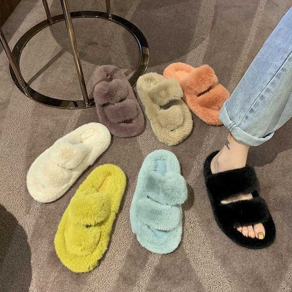 

slippers winter home with fur women slides platform flat heel colorful fluffy furry comfoy indoor shoes ladies female soft a2ck, Black