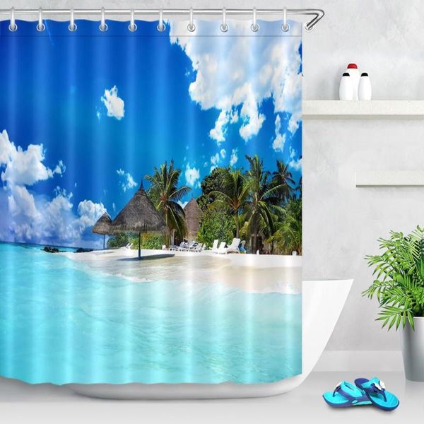 

shower curtains tropical island beach palm tree with hooks waterproof seaside landscape bathroom bath screen decor