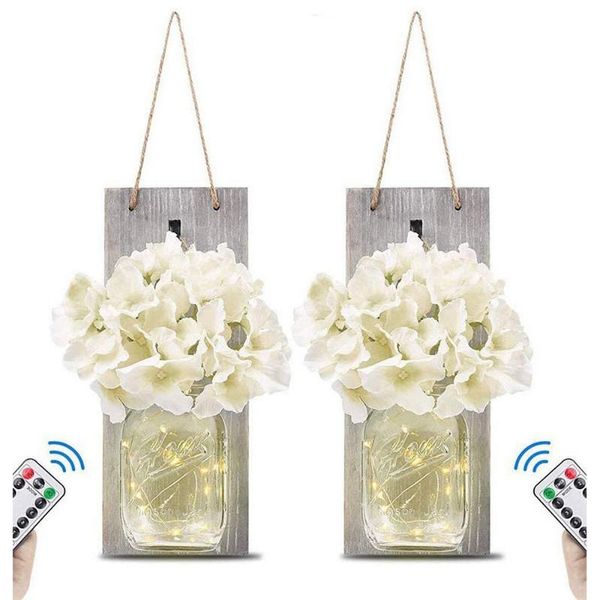 

wall lamps 2pcs/set light white wooden board mason jar sconces upgrade remote control function waterproof diy home decoration