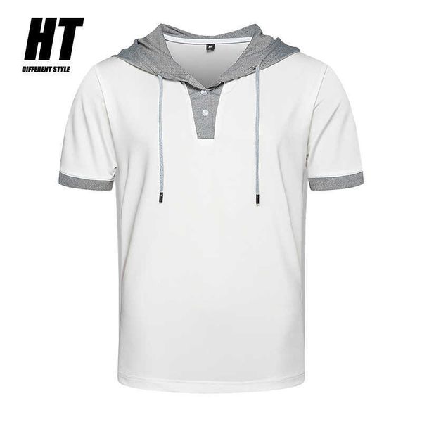 

men's short-sleeved hooded t-shirt brand summer gyms fitness hooded tees patchwork sweatshirt male casual slim tshirts 210603, Black