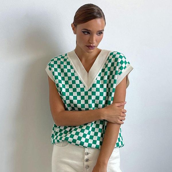 

women's tanks & camis european and american large size fashion checkerboard sweater v-neck loose sleeveless knit vest, White