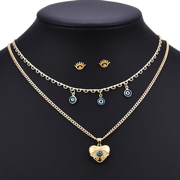 

earrings & necklace zhini 2021 titanium steel stud earring luxury rhinestone luck turkey blue evil eye pendant fashion female jewelry set, Silver