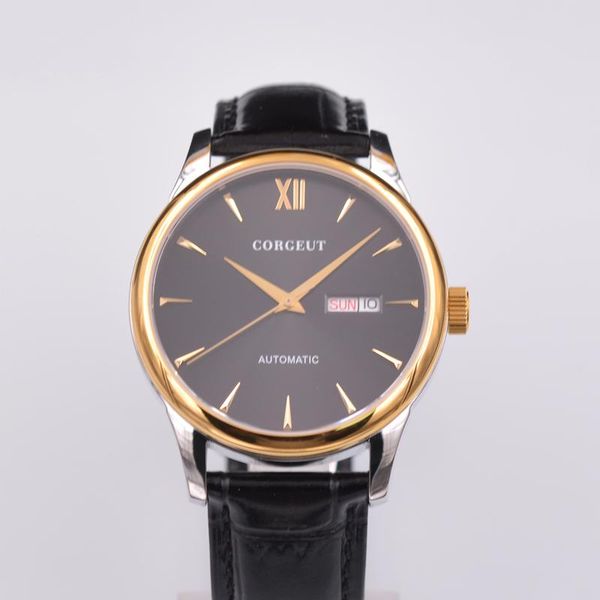 

Luxury 40mm Corgeut Black Dial Auto Date Sapphire Glass Automatic Men's Watch.A3 Wristwatches, Slivery;brown