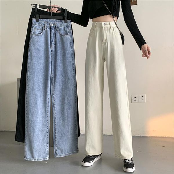 

women's jeans white high waist wide leg women spring fall vintage loose straight pants street trousers trend, Blue